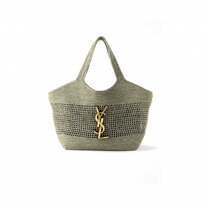 YSL ICARE MAXI LEATHER-TRIMMED RAFFIA TOTE (46*28*5cm) 